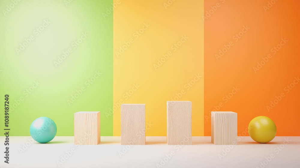 Poster artistic showcase of handmade wooden blocks and colorful spheres on smooth gradient backgrounds in 3