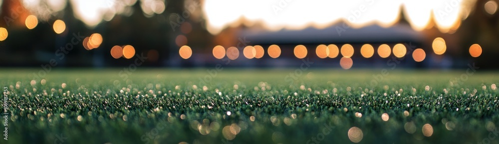 Poster A blurred view of a grassy field with soft bokeh lights in the background.