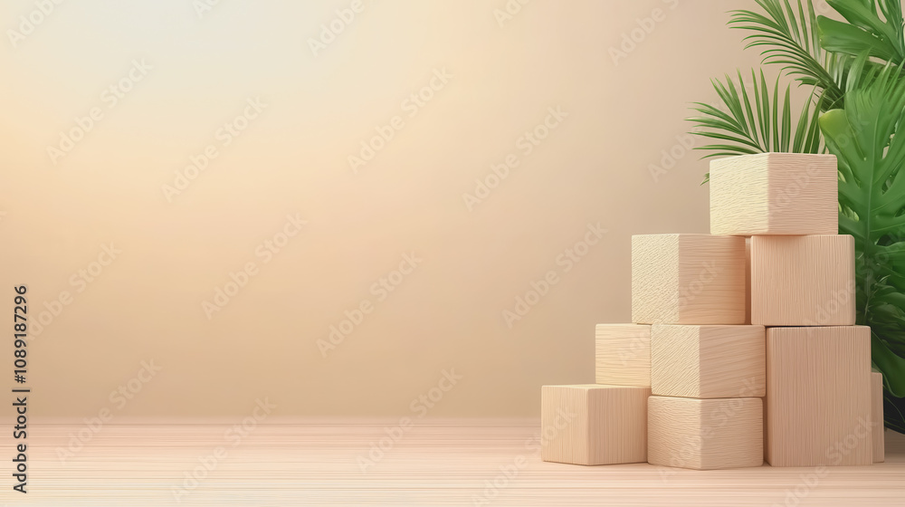 Poster handmade wooden blocks stacked on a smooth surface against a soft gradient background with lush gree