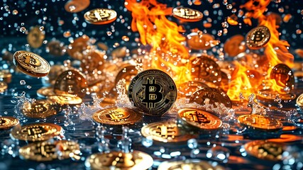 Coins on the fire and the water surround by water, many coins in the water and burst into flames.