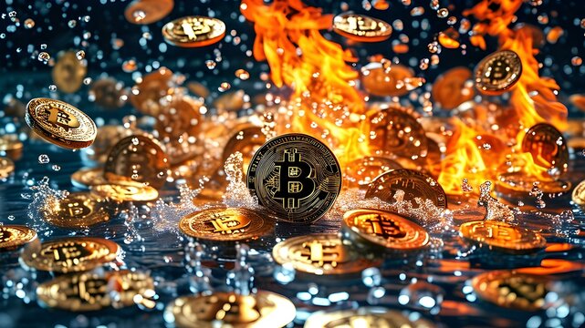 Coins on the fire and the water surround by water, many coins in the water and burst into flames.
