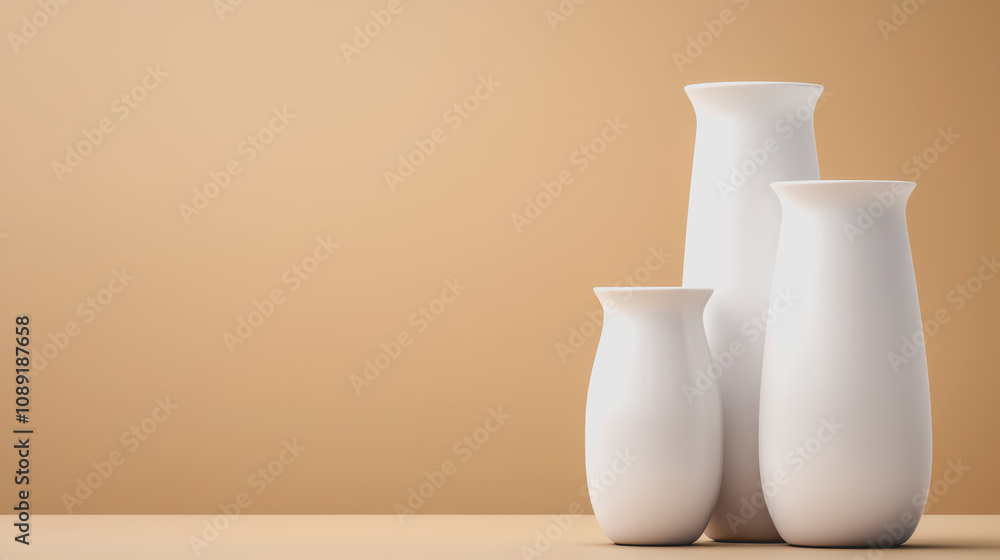 Poster elegant collection of handmade ceramics in smooth gradient background featuring three distinct vases