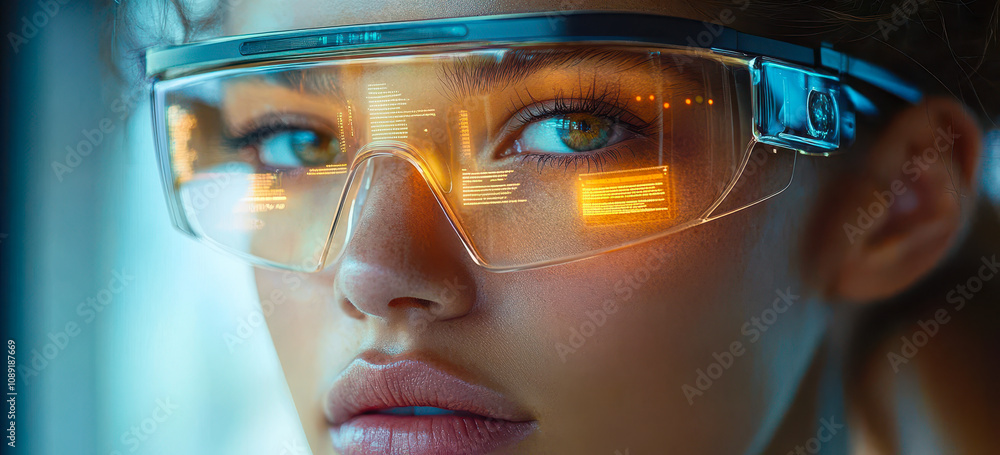 Poster futuristic augmented reality glasses displaying digital information to enhance user experience
