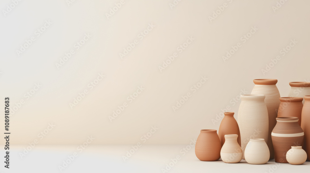 Poster elegant display of handmade ceramic vessels with smooth gradient background, showcasing the artisan 