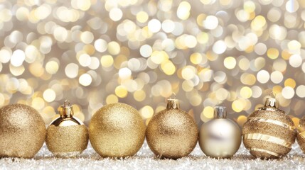 Christmas decorations illuminate with gold glittering accents, creating an abstract glow light texture. The shimmering ornaments and festive lights capture the essence of the holiday season, 