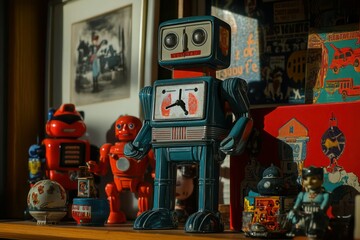 A classic wind-up toy robot from the 1950s, displayed on a shelf with other vintage toys and collectibles.
