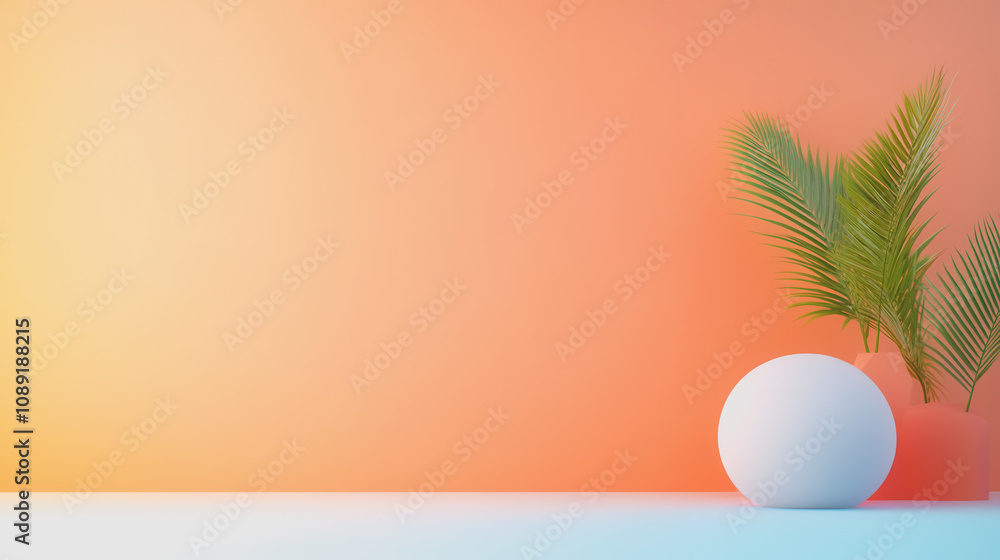 Poster minimalist composition featuring a smooth gradient background with a round object and tropical plant