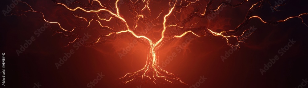 Poster a striking image of a fiery tree, its branches resembling lightning, set against a dark background, 