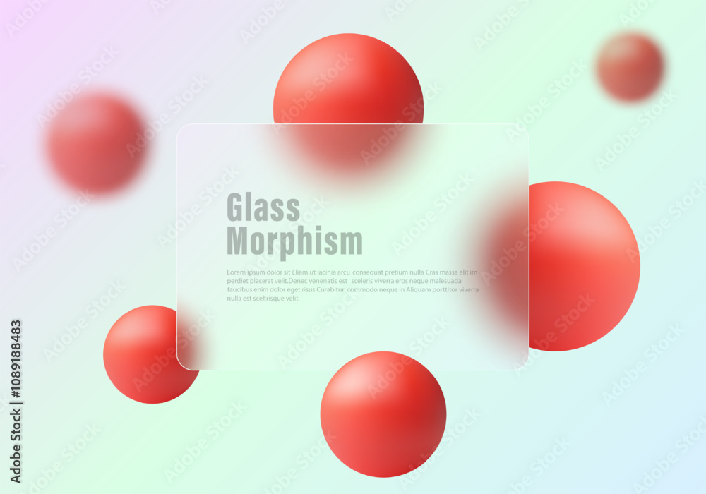 Poster glass morphism website landing page template. frosted glass partition with floating spheres.