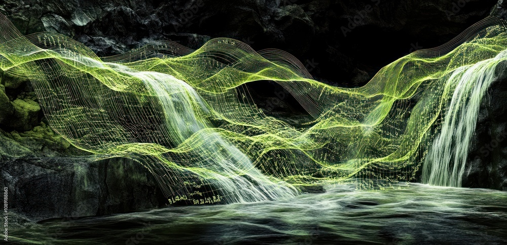 Poster a digital representation of flowing water, blending nature with abstract elements.