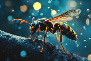 Naklejka premium Close-up of a vibrant wasp resting on a textured surface, illuminated by colorful bokeh lights, creating a dynamic and lively atmosphere.