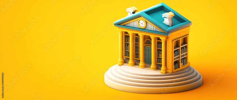Poster A colorful, stylized building resembling a library with columns and a clock.