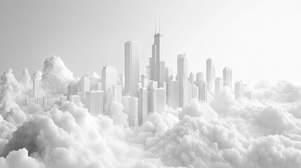 Naklejka premium conceptual 3D skyline of Chicago emerges from soft white clouds, showcasing modern architecture and serene atmosphere. scene evokes sense of tranquility and innovation