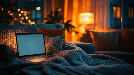Cozy Evening Setting with a Laptop on a Sofa Surrounded by Warm Light and Textured Fabrics, Ideal for Remote Work and Relaxation in a Modern Living Room
