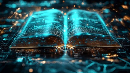 Futuristic Holographic Book with Glowing Pages Symbolizing Technology and Knowledge Sharing in the Digital Age