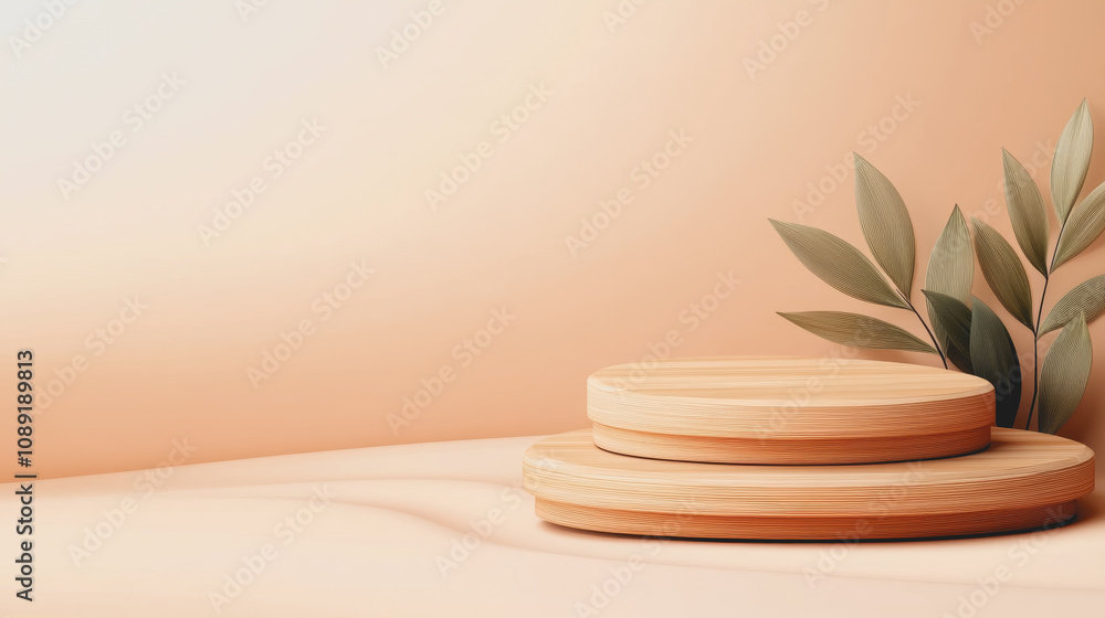 Poster artistic display of smooth handmade wooden circles on a soft gradient background with delicate green