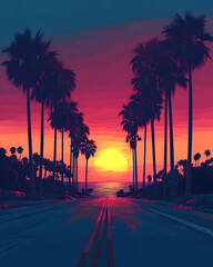 Palm trees line a road leading to a vibrant sunset over the ocean.