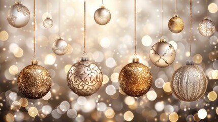 Christmas decorations illuminate with gold glittering accents, creating an abstract glow light texture. The shimmering ornaments and festive lights capture the essence of the holiday season, 