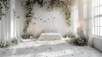 elegant white wedding backdrop with a bed in the middle, candles and flowers on the floor and wall, a large window on the side of the room, the gray wooden floor has flower petals scattered around