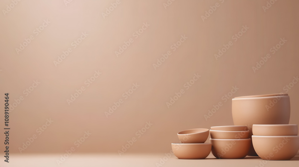 Poster elegant handcrafted ceramics in soft neutral tones displayed on a smooth gradient background for con