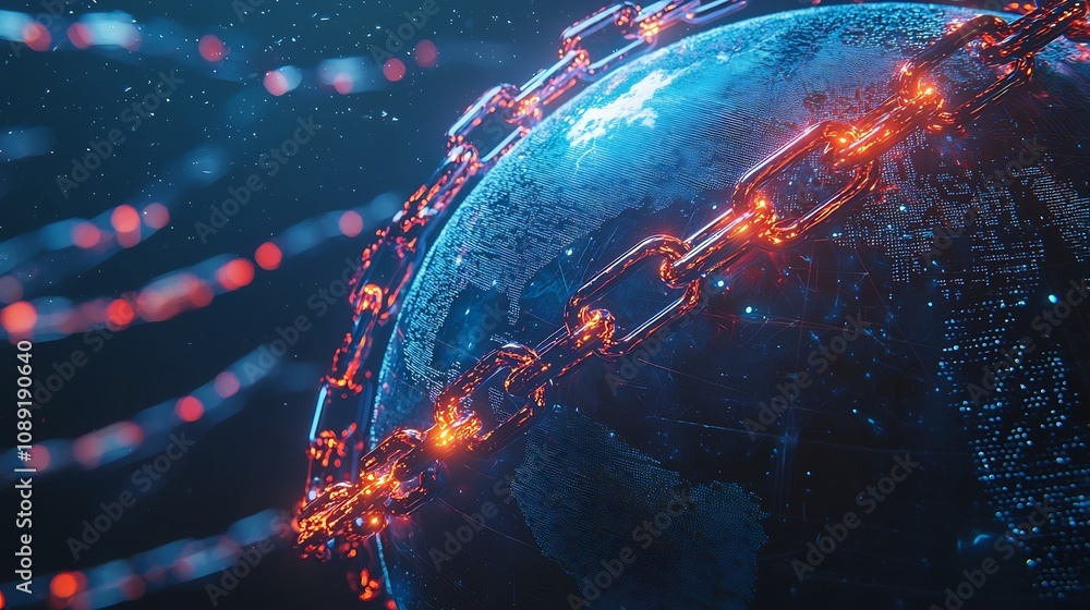 Poster futuristic blockchain wrapped globe symbolizing secure digital technology