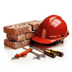 Fototapeta premium Red brick hard hat and tools on white background.