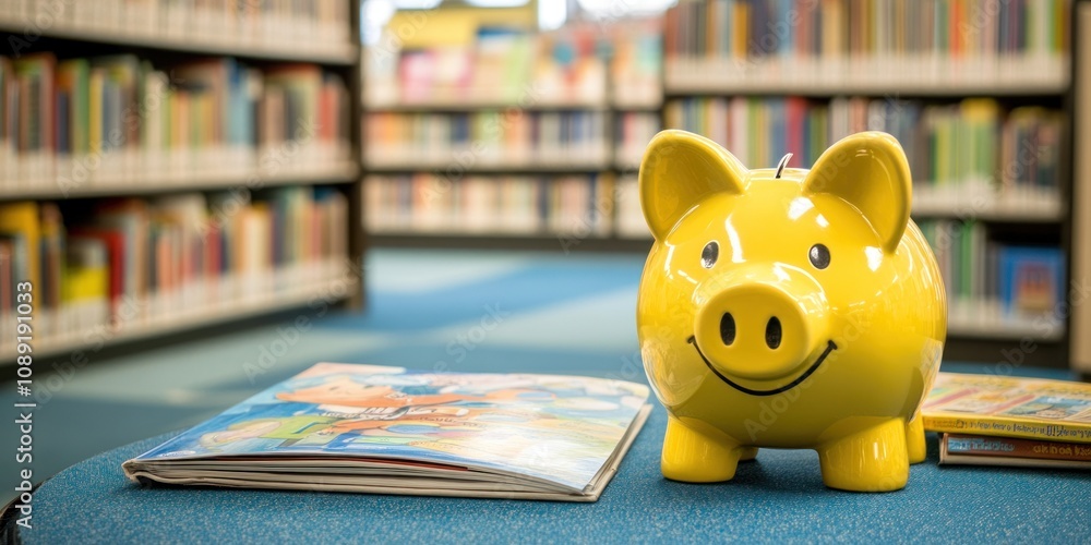 Aufkleber a cheerful yellow piggy bank sits on a table in a library, surrounded by colorful books.