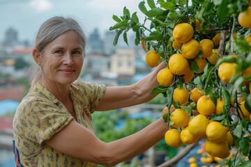 Obraz premium Senior woman harvesting lemons from a backyard tree with urban view