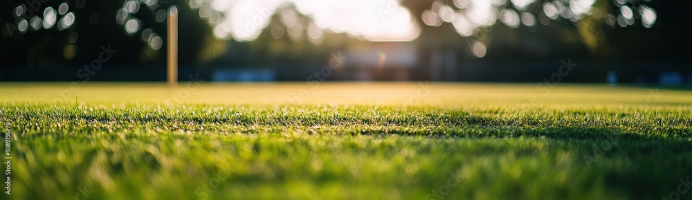 Poster a close-up view of a grassy field with a cricket wicket in the background during sunset.