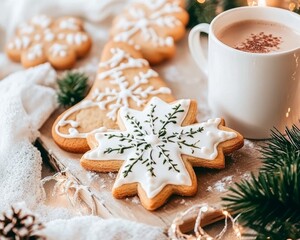 Christmas cookies and hot chocolate on a rustic wooden table detailed snowflake decorations on cookies