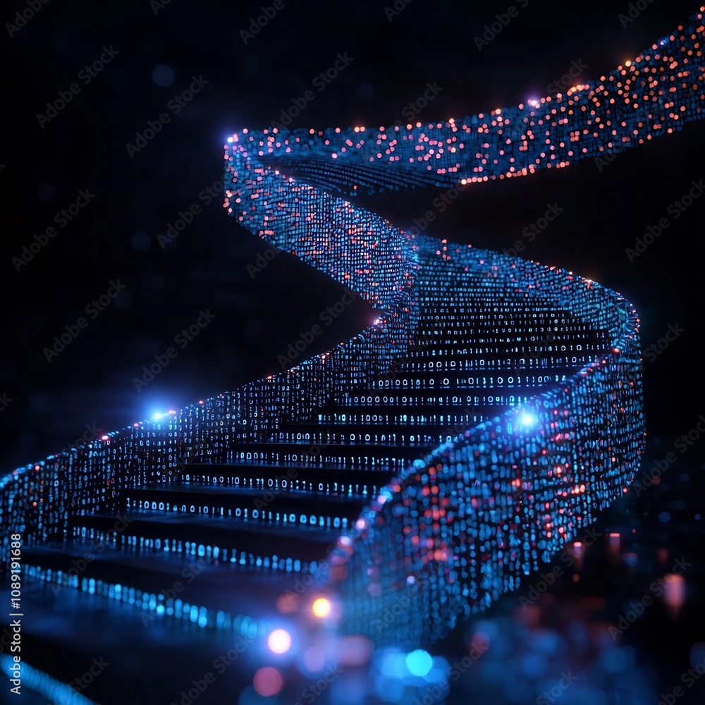 Poster glowing spiral staircase of binary code symbolizing technological innovation and progress