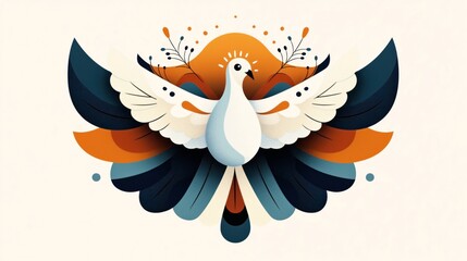 Abstract illustration of a stylized bird with outspread wings, featuring vibrant colors and symmetrical floral elements, conveying themes of freedom and nature.
