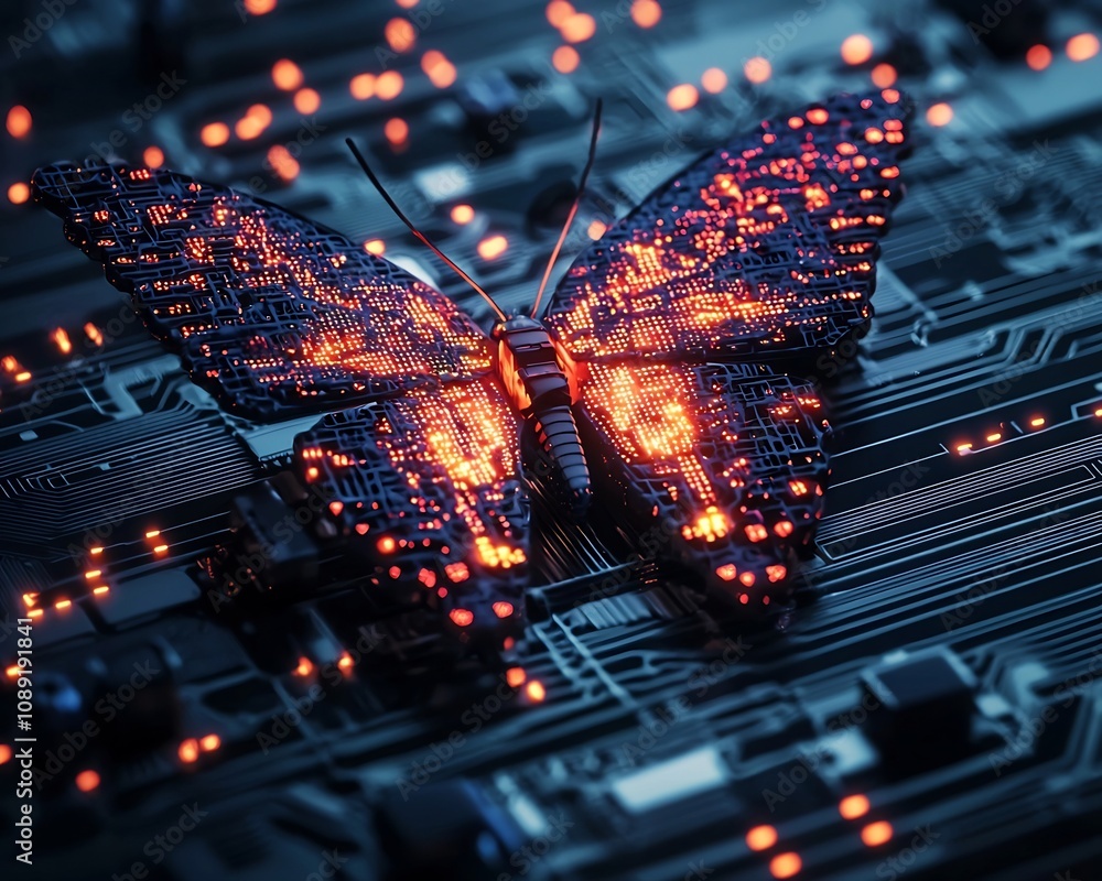 Poster glowing digital butterfly trapped in a network of circuits symbolizing the balance between technolog