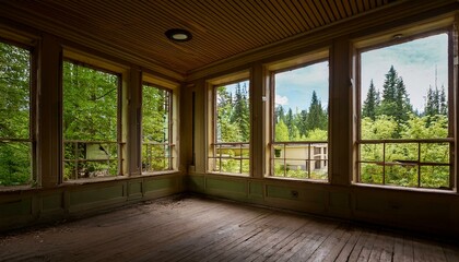 Deserted Paths: Abandoned Hallway Framed by Forest Views