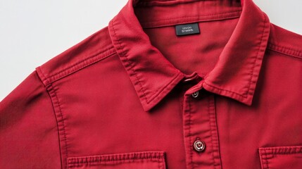 Close-up of a red long-sleeve collared shirt, front view, focusing on fabric texture and stitching details, on a plain white background