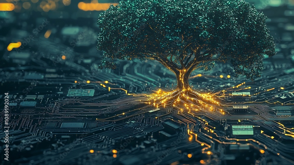 Poster technological tree symbolizing connection between nature and modern life