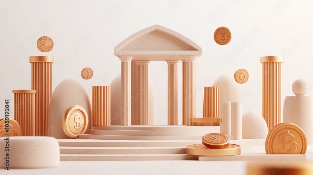 Aufkleber a stylized representation of a financial institution with coins and classical architecture.