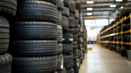Stacks of new tires in a warehouse with rows of tires in the background.