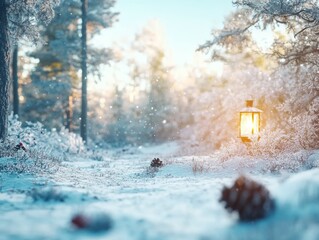 Christmas lantern glowing in the snow with pinecones and berries around