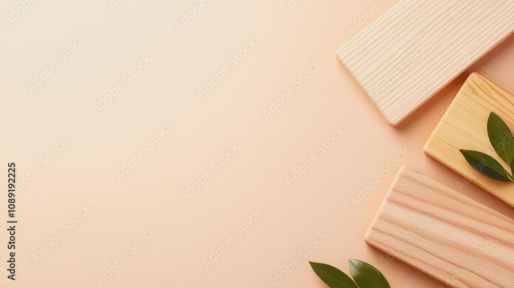 Aufkleber elegant display of smooth wooden planks with natural green leaves on a subtle gradient background fo