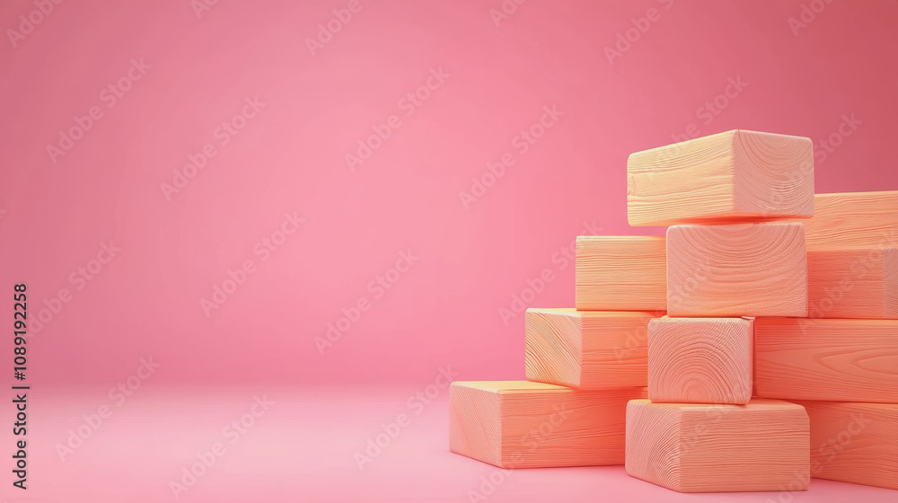 Poster stunning disarray of smooth wooden blocks stacked on a soft pink gradient background for creative wo