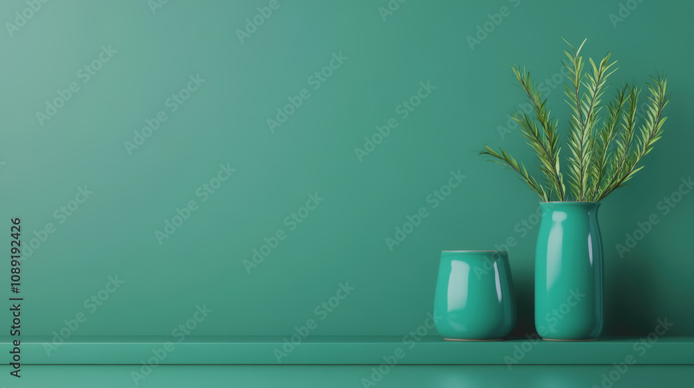 Poster artisan of smooth gradient green background with handmade vases and fresh greenery perfect for home 