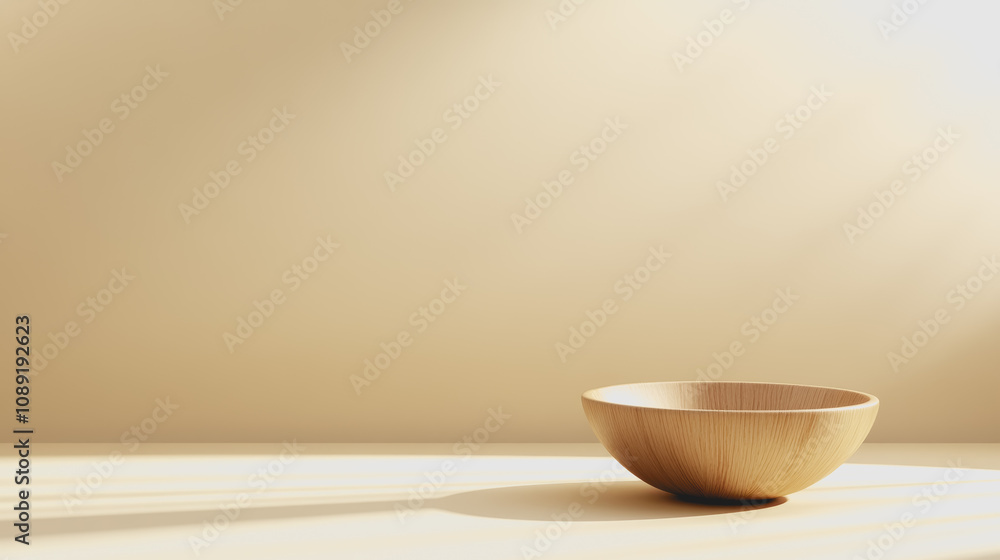 Poster artisan handmade wooden bowl on smooth gradient surface with natural light showcase, emphasizing cra