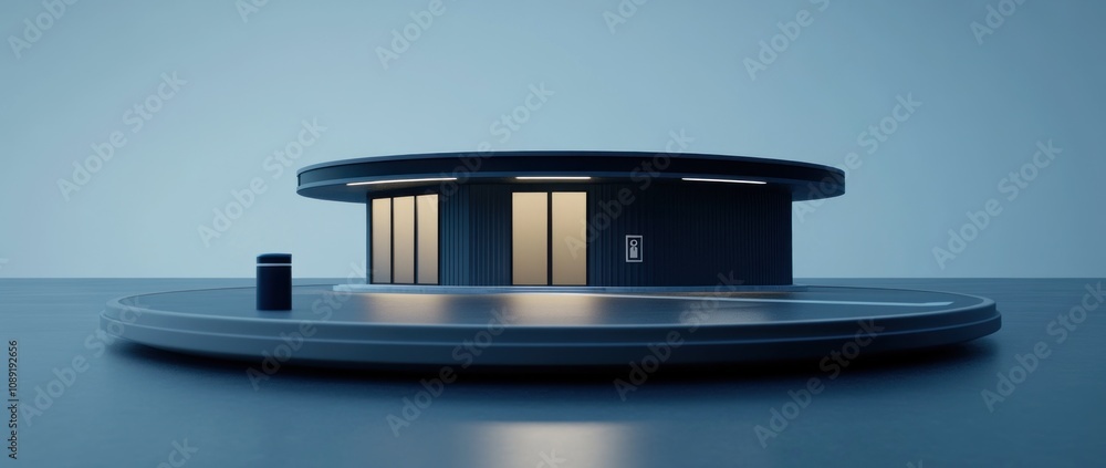 Poster modern circular building with large windows, minimalistic design, and a surrounding platform.