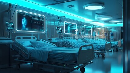 Fototapeta premium Futuristic Hospital Ward with Glowing Wearable Health Devices and Transparent Vitals Displays