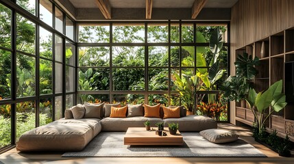 Fototapeta premium Modern living room with lush garden views eco-friendly design