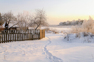 Naklejka premium Colorful rural winter landscape with field and frosty trees - quiet winter evening at the village