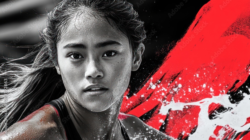 Poster a determined athlete with a fierce expression, set against a dynamic graphic background.