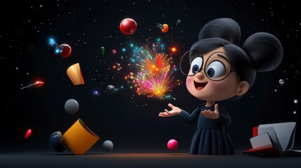 Naklejka premium Cartoon Girl with Exaggerated Ideas and Sparkles