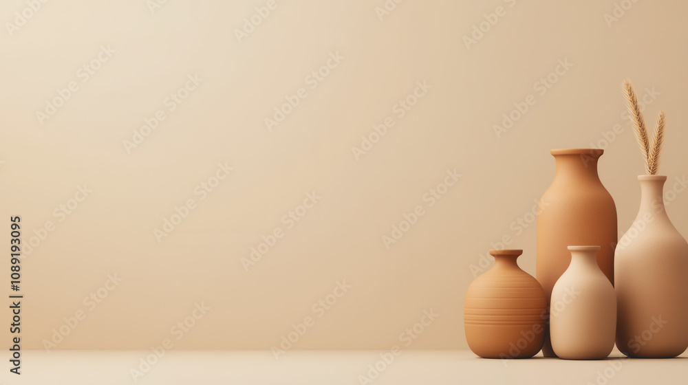 Poster elegant display of handmade clay vases in neutral tones against a smooth gradient background for cra